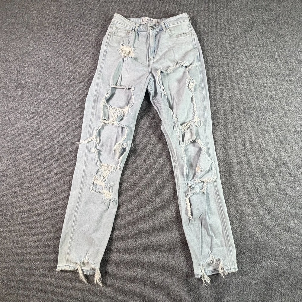 Hollister Curvy High-Rise Mom Jeans Womens 1 Blue Distressed Denim Faded Stretch